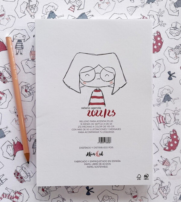 Imprimible de agenda 2022/23 con dibujos de Aluli y frases. Pdf diseñado por Alúa Cid