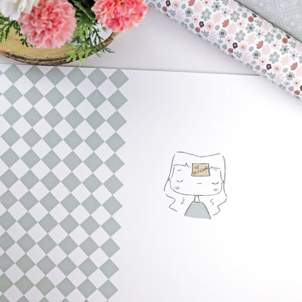 Papel laminado No olvidar. Para forrar libretas y proyectos de scrapbooking. Diseño de Alúa Cid