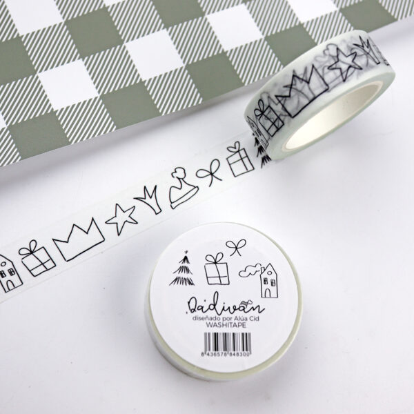 Washi tape Iconos Dadivan. De la colección navideña Dadivan, de Alúa Cid. Cinta de papel encolado reposicionable. Se usa para decorar libretas, agendas, diarios...