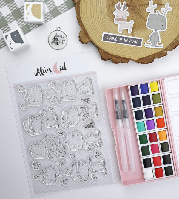 Set de sellos para scrapbooking navideños Estoy Sintiendo. Ilustraciones de Alúa Cid